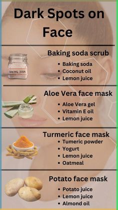 Combat dark spots naturally with these simple DIY remedies. Use a baking soda scrub made from baking soda, coconut oil, and lemon juice to exfoliate and brighten your skin. Apply an aloe vera face mask combining aloe vera gel, vitamin E oil, and lemon juice for soothing hydration. A turmeric face mask of turmeric powder, yogurt, and lemon juice can help reduce pigmentation, while a potato face mask made with potato juice, lemon juice, and almond oil may lighten dark spots over time. Turmeric For Acne Remedies, Diy For Dark Spots On Face, Natural Remedies For Dark Spots On Face, How To Lighten Dark Spots On Face, Baking Soda Face Mask Dark Spots, Dead Skin Removal Face, Dark Spots On Face Remedies, Potato Juice For Skin, Skin Care For Dark Spots