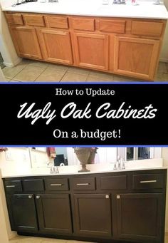 the kitchen cabinets are painted black and have white counter tops with text overlay that reads, how to update ugly oak cabinets on a budget