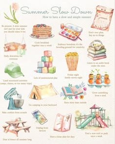 an illustrated poster with some things to do in the summertime season, including books and other items