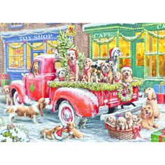 a painting of dogs riding in the back of a red truck decorated with christmas decorations