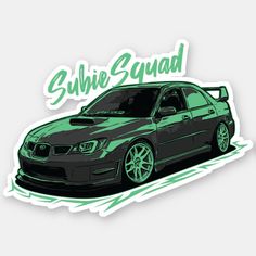 a green car with the words subie squad on it