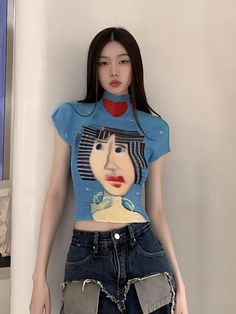 Cubist Woman Turtle Neck Top Turtle Neck Short Sleeve, The 90s Fashion, Hip Hop Fashion 90s, Fall Outfits Y2k, Crop Pullover, Abstract Face, Patchwork Jeans, Y2k Outfits, Woman Portrait