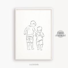 a black and white drawing of a man holding the hand of a child's arm