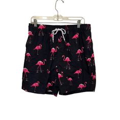 Nwot Black & Pink Flamingo Swim Trunks Elastic Waist That Ties Pockets On Sides And One In Back Inseam: 5.25” Rise: 13” Waist Lying Flat: 16.25” Size: M Pink Swim Trunks For Beach Vacation, Pink Swim Trunks For Beach Season Vacation, Pink Summer Swim Trunks For Beach Season, Pink Beachwear Swim Trunks For Vacation, Black Tropical Bottoms For Summer, Pink Beachwear Swim Trunks For Beach Season, Pink Stretch Shorts For Poolside, Tropical Black Bottoms For Vacation, Black Short Swimwear For Spring