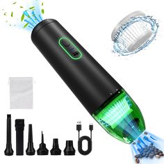 an electric toothbrush is being used to clean the teeth with blue water and other accessories