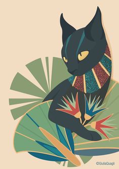 a black cat sitting on top of a green leaf next to an orange and yellow object