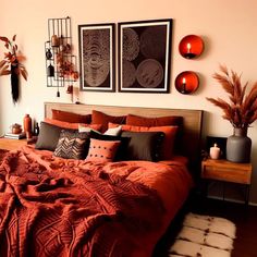 a bed with orange sheets and pillows in a bedroom next to two pictures on the wall