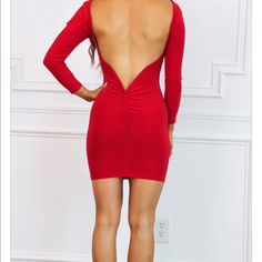 Ntw Cocktail Dress With A Deep V Back. Super Flattering And Sexy Yet Not Too Revealing. Size Medium Flirty Backless Bodycon Dress For Cocktail, Stretch Backless Dress For Night Out, V-neck Backless Dress With Cutout Back For Party, Bodycon Backless Dress For Night Out, Stretch Backless Dress For Going Out, Flirty Backless Bodycon Dress For Party Season, Flirty Bodycon Backless Dress For Night Out, Stretch Backless Mini Dress For Going Out, Long Sleeve Stretch Backless Dress For Date Night