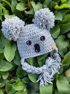 a crocheted koala bear hat on top of green leaves