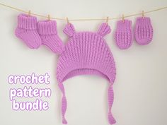 a knitted hat and mittens hanging on a clothes line with the words crochet pattern bundle written below it