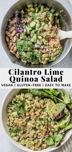 two bowls filled with different types of food and the words cilantro lime quinoa salad