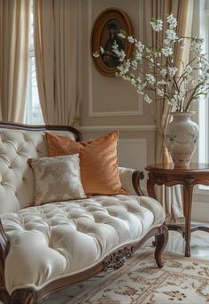 a living room filled with lots of furniture and flowers on top of a table in front of a window