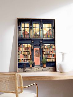 a room with a desk, chair and bookshelf full of books on it