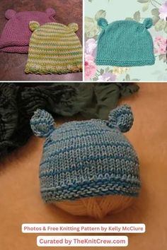 knitted baby hats with pom poms on them