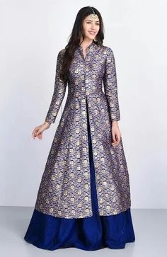 Brocade Kurti Designs Jacket Style Lehenga, Blue Jacket Style, Latest Kurti Design, Formal Long Dress, Latest Kurti, Long Dress Design, Kurti Design