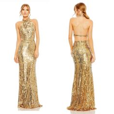 Nwt Mac Duggal Open Back High Neck Sequin Evening Dress . Size:Xl/ 12 Waist: 27” Bust :24.5” Hip: 32.5” Length:59” Sequins Gown, Top Prom Dresses, Mac Duggal Dress, Cap Sleeve Gown, Sequin Evening Dress, Gown Gold, Rose Maxi Dress, Green Beaded Bracelets, Mac Duggal Dresses