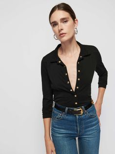 Your classic collared button up with front seams for a flattering touch. Keep it buttoned for a perfectly polished look, or let a few loose when those happy hour plans happen… (This one comes in Jet Black.) | Jarah Top in Jet Black | Ethical Essentials Nation Ltd, Top With Buttons, Athleisure Women, Mens Loungewear, Performance Wear, Mens Big And Tall, Mens Swimwear, Polished Look, Black Media