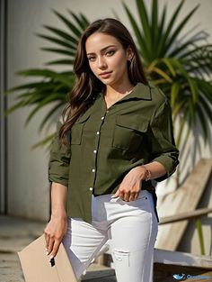 Orcajump - Solid Pockets Button Down Lapel Shirt, Elegant Long Roll Sleeve Office Commuter Shirt, Women's Clothing Khaki Collared Shirt With Buttoned Pockets, Khaki Long Sleeve Tops With Buttoned Pockets, Green Tops With Button Closure And Casual Collar, Green Long Sleeve Tops With Buttoned Pockets, Khaki Button-up Tops With Buttoned Pockets, Casual Khaki Tops With Buttoned Pockets, Khaki Workwear Top With Buttoned Pockets, Trendy Collared Khaki Shirt, Trendy Khaki Collared Shirt