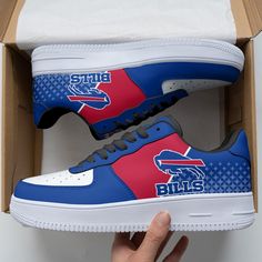 Buffalo Bills Af1 Shoes 214 Lightweight construction with breathable mesh fabric provides a comfortable and flawless fit. Af1 Shoes, Bills Football, Football Fashion, Custom Air Force 1, Air Force One, Force One, Buffalo Bills, Black Laces, Classic Silhouette