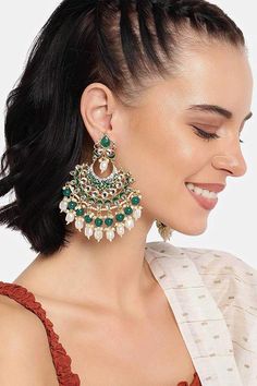 Buy Women's Alloy Chandbali Earrings in Green - Online Chand Bali Earrings Gold, Earrings Artificial, Wedding Earrings Chandelier, Diamond Chandelier Earrings, Diamond Chandelier, Chandbali Earrings, Traditional Earrings, Enamel Earrings, Online Earrings