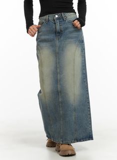 vintage-washed-denim-maxi-skirt-ca403 / Dark blue Baggy Casual Denim Skirt For Spring, Trendy Baggy Blue Denim Skirt, Trendy Blue Baggy Denim Skirt, Baggy Denim Blue Cotton Denim Skirt, Baggy Denim Blue Cotton Skirt, Baggy Cotton Denim Skirt, Casual Baggy Blue Denim Skirt, Casual Denim Skirt For Fall, Baggy Medium Wash Cotton Denim Skirt