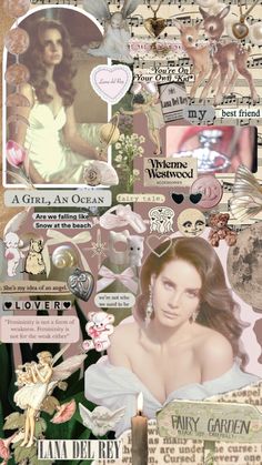 a collage with many different pictures and words on it's side, including an image of a woman in a white dress