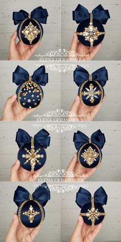 four different pictures of blue bows with gold decorations on them, and the bottom one has an ornament in it