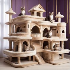 three cats sitting on top of a cat tree house