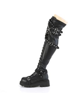 2 1/2" Tiered Platform Lace-Up Over-The-Knee Boots, Inside Zipper - Fit Guide: True to Size - Heel Height: 2 1/2" Platform - Brand: Demonia - Shown in Women's Sizes - Country of Origin: Imported Leather Knee Boots, Knee Boot, Black Vegan, Black 7, Over The Knee Boots, Over The Knee, Knee Boots, Black Boots, Vegan Leather