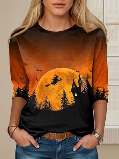 Buy Inexpensive T-shirts at Zolucky online store, SPU: 2941JT-87DAE1, Color: Orange, Elasticity:Micro-Elasticity, Thickness:Regular. Horror Graphic Print Long Sleeve T-shirt, Halloween Horror Long Sleeve T-shirt, Halloween Printed Crew Neck T-shirt, Spooky Orange Crew Neck Top, Orange Crew Neck Top With Character Print, Halloween Long Sleeve Graphic T-shirt, Spooky Long-sleeve Orange T-shirt, Spooky Orange Long Sleeve T-shirt, Halloween Graphic Print Long Sleeve T-shirt