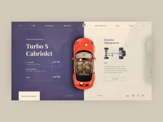 an orange car is parked in front of a purple and white web page with the words turbo s cabriojet on it