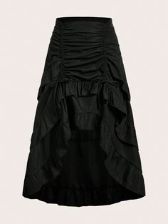 Solid Drawstring Ruched Ruffle Hem Skirt Black Casual   Woven Fabric Halloween,Plain Asymmetrical Non-Stretch  Women Clothing, size features are:Bust: ,Length: ,Sleeve Length: Steampunk Skirt, Gothic Skirt, Bustle Skirt, Corset Skirt, Gothic Steampunk, Half Skirt, Party Skirt, Black Skirt, Costumes For Women