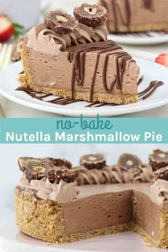 there is a slice of no bake nutella marshmallow pie on the plate