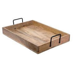 a wooden tray with two black handles