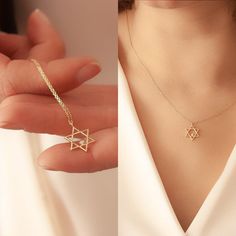 "14k 18k Solid Gold Star of David Diamond Necklace, Diamond Star of David Pendat Necklace, Dainty Gold David's Star, Necklace Gift For Her. Material: Solid Gold (real gold, not gold plated or gold filled material) Available Gold Karat: 14K (585), and 18K (750) Pendant Width: 1.20 cm Pendant Height: 1.50 cm Available Gold Color: Yellow gold, rose gold and white gold (optional) Diamond weight: 0.01 ct Diamond color: G-H Color Diamond clarity: SI You can customize your chain length and thickness. C 14k Gold Star Necklace As Gift, 14k Gold Star Necklace For Gift, 14k Gold Star Necklace Perfect For Gifts, 14k Gold Star-shaped Necklace For Anniversary, Fine Jewelry Star Of David For Anniversary, Formal Star Of David Fine Jewelry Necklace, Elegant Star Of David Jewelry For Wedding, Elegant Star Of David Wedding Jewelry, Fine Jewelry Star Of David Necklace With Star Charm