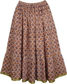 Cotton Floral Print Long Skirt - Old scintillating colors on a white background, this skirt`s printed colors and design are a work of art. A long three panel cotton skirt with a floral print. The print is in Au chico mauve and a limed oak green. The skirt truly has a lot of cloth - its volume, a wider hem and of course splendid colors give it character. It is nicely lined and has a brocade ribbon border on the hemline. The waist has an elastic and a simple drawstring for sizing flexibility. Leng Boho Fashion Dresses, Long Cotton Skirt, Womens Long Skirt, Long Skirt Summer, Printed Long Skirt, Bohemian Style Clothing, Hippie Skirts, Trendy Skirts, Maxi Skirt Dress