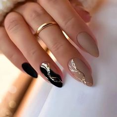 24pcs Long Almond Fake Nails J Lo Nails, Nude Black Nails, Random Products, Long Almond, Fav Products, Basic Workout, Nail Shimmer, Glamour Nails, Gold Nail