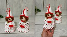 two pictures of the same doll with red and white dress, one is holding her hand out