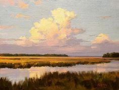 an oil painting of clouds over a marsh