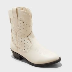 Elevate your child's shoe collection with these Jovi Western Boots from art class™. These white boots boast a faux-leather upper, almond toe, and soft fabric insole and lining for comfortable wear. Set on a 1.25-inch western heel, these side-zipper boots feature a curved topline, a stylish pull loop and ornate stitching with nailheads and perforations. art class™: One-of-a-kind looks for the one and only you. Cute White Boots With Zipper Kids, White Cowboy Boots Mid Calf, Chic White Mid-calf Boots Medium Width, White Western Style Mid-calf Boots, Western White Mid-calf Boots With Reinforced Heel, Sneaker Art, Rubber Boot, Children Shoes, Zipper Boots