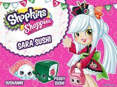 an advertisement for shopkins's sushi, featuring a girl with white hair