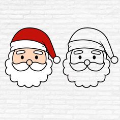 two santa clauses with beards and hats on their heads, against a white brick wall