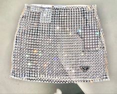 Luxury Silver Glamorous Skirt, Area Crystal Skirt, Luxury Crystal-embellished Skirt For Night Out, Prada Rhinestone Skirt, Luxury Embellished Mini Skirt, Prada Skirt, Prada Mini, Mode Ulzzang