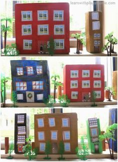 four pictures of different houses made out of cardboard boxes and paper machs with windows on them