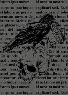 a black crow sitting on top of a skull in front of a newspaper page with words written