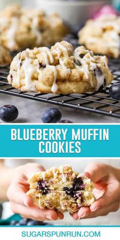 blueberry muffin cookies with white frosting and fresh blueberries in the background