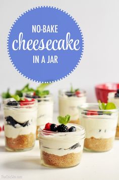 no - bake cheesecake in a jar with berries and blueberries on top