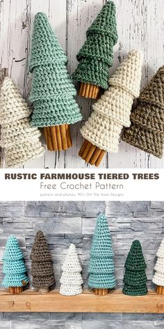 crochet christmas trees are on display in front of a white wooden wall with text overlay that says rustic farmhouse themed trees free crochet pattern