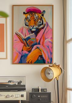 a painting of a tiger reading a book in front of a stereo and record player