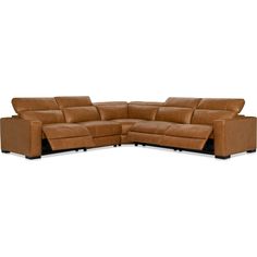 a brown leather sectional sofa with two recliners and one end facing the couch